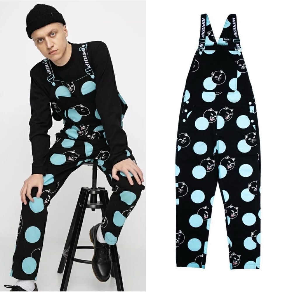 RIPNDIP Overalls Unisex Black Vivid Light Blue Dots & JERMAL Cat Size S